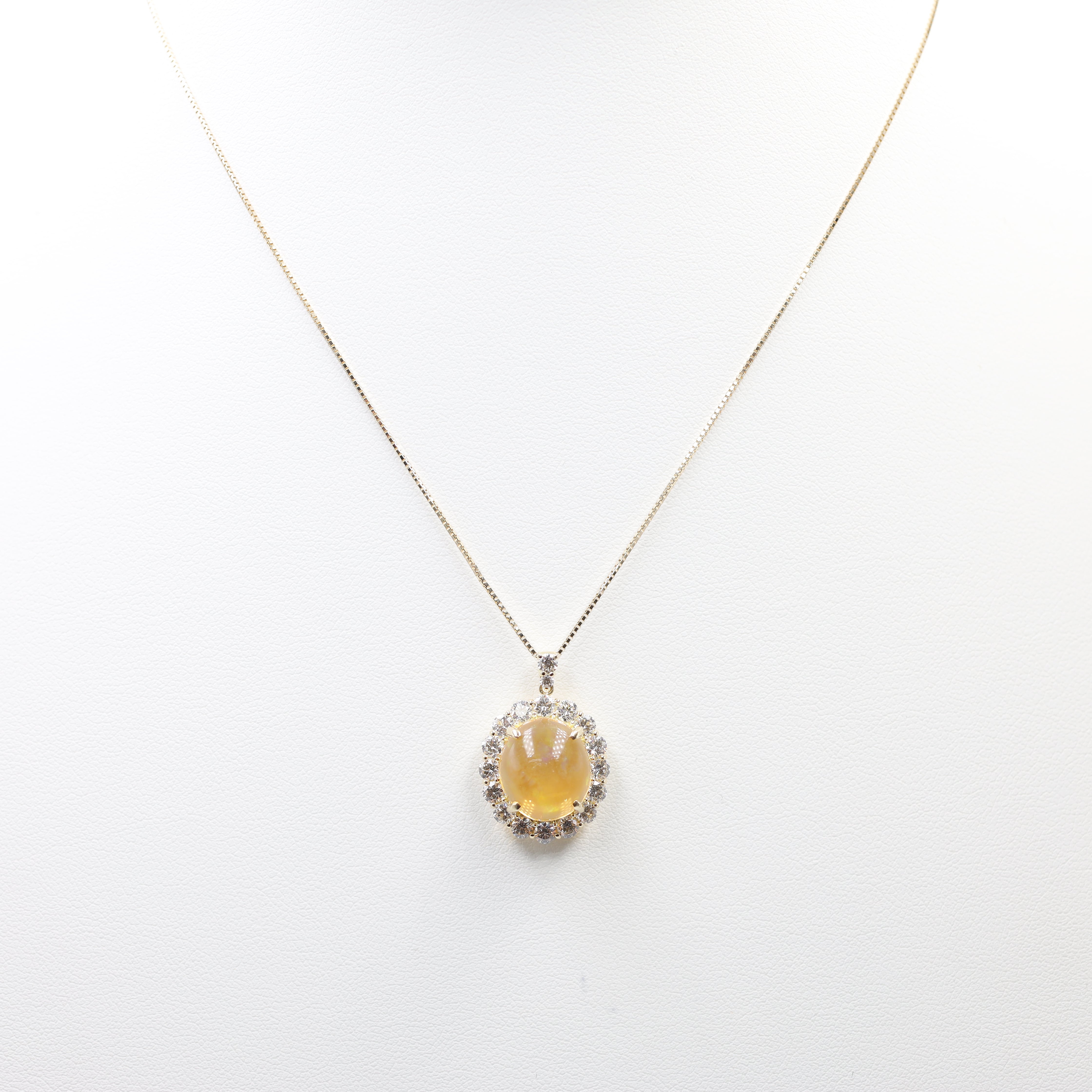 Captivating Fire Opal & Diamond Halo Necklace in K18 Yellow Gold
