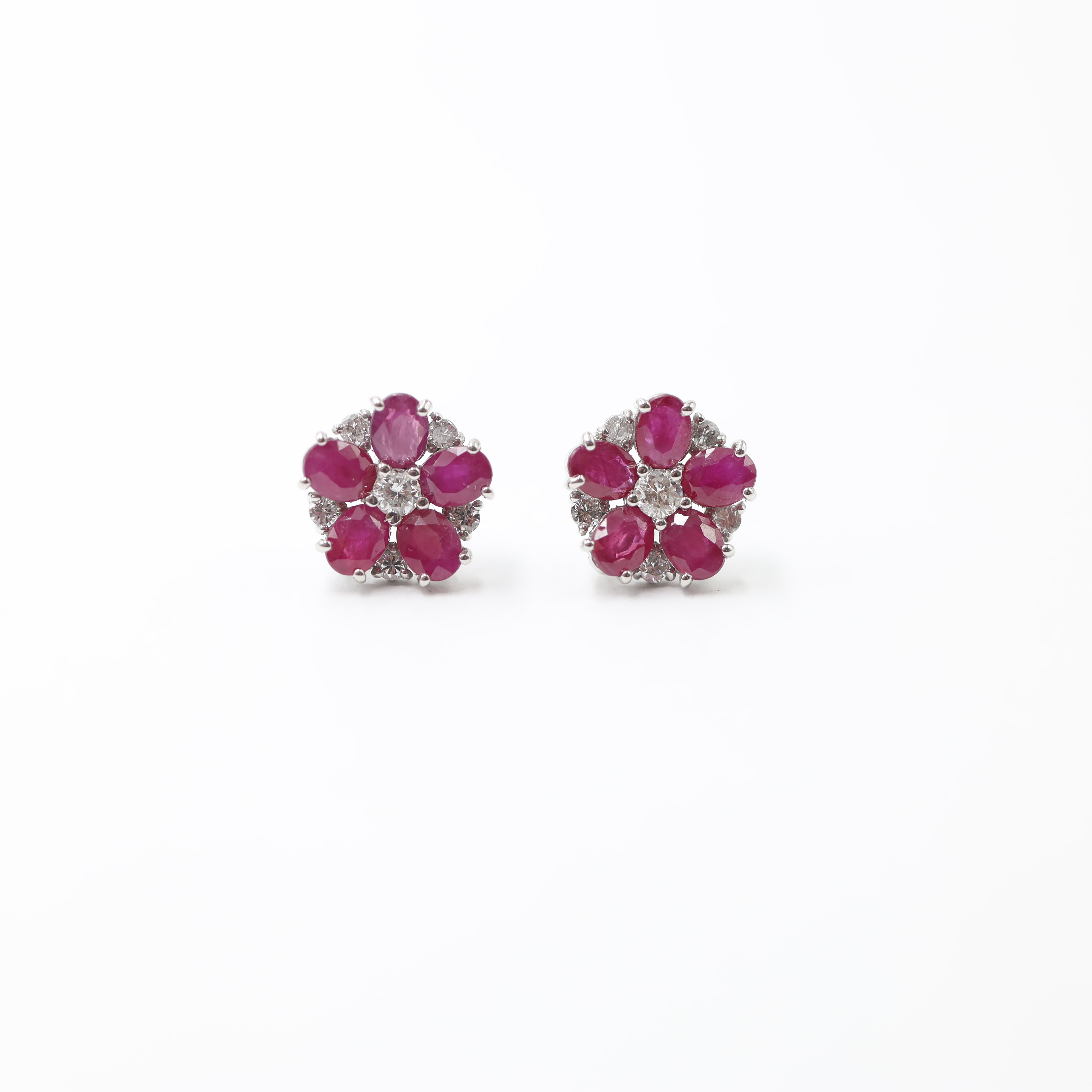 Platinum Ruby and Diamond Floral Stud Earrings