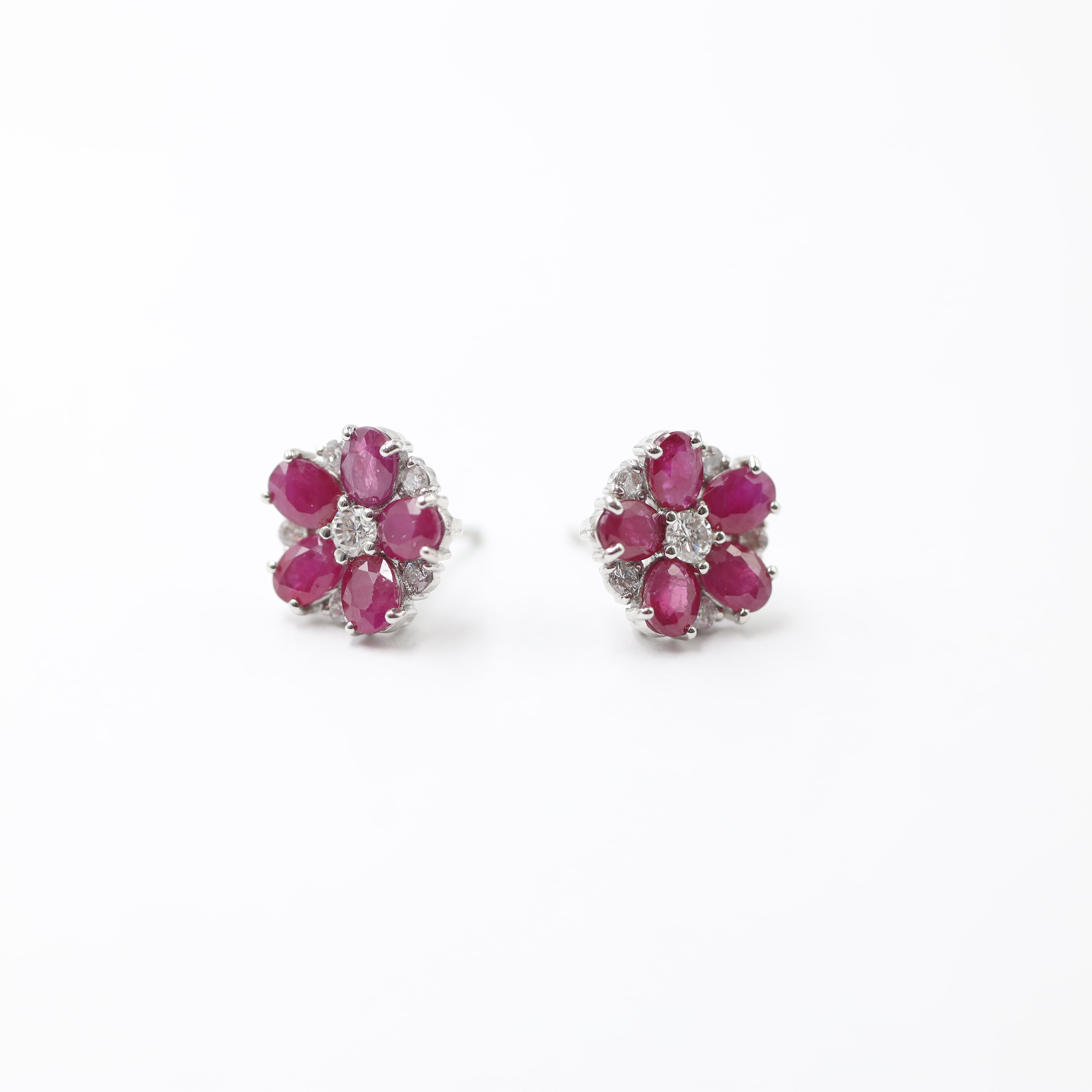 Platinum Ruby and Diamond Floral Stud Earrings