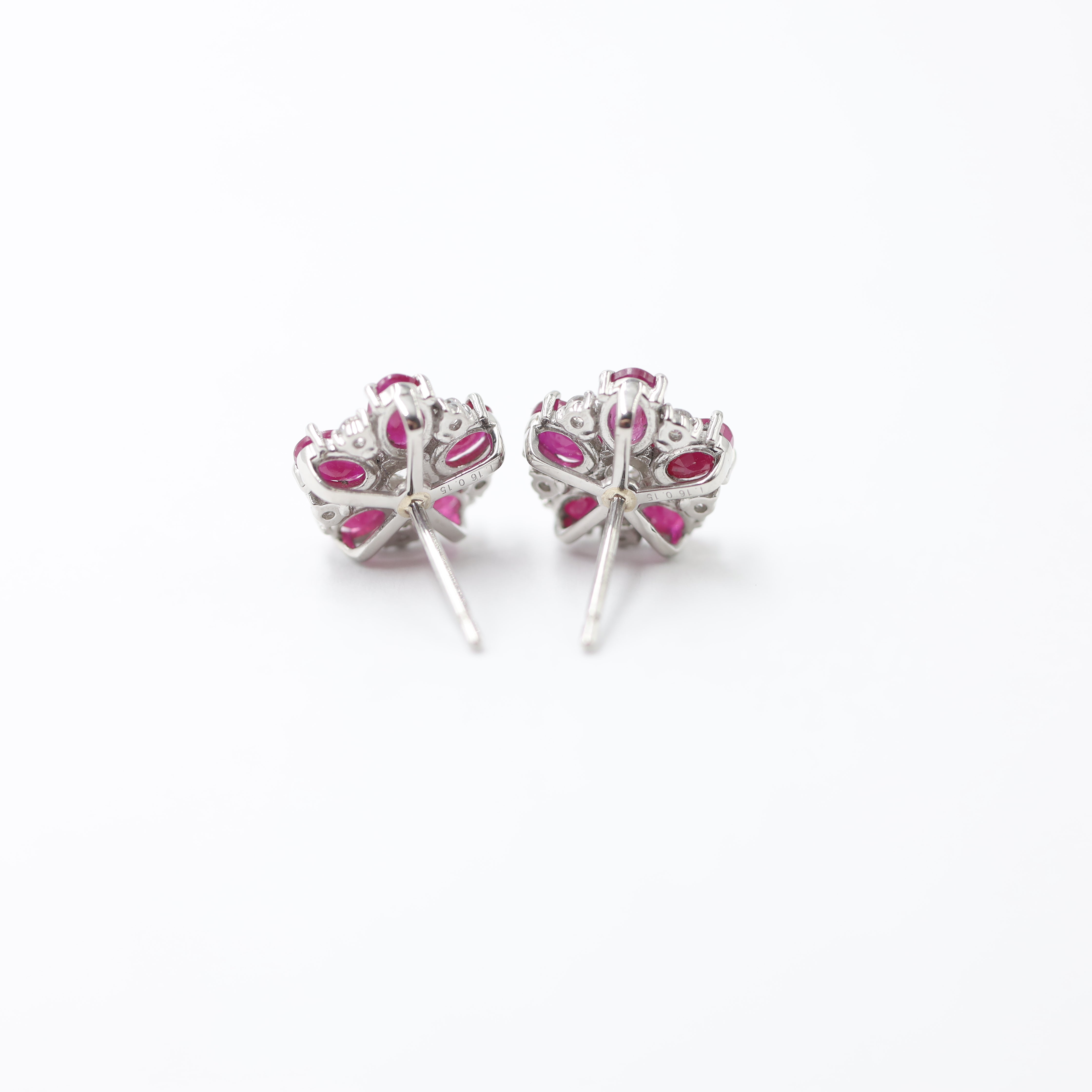 Platinum Ruby and Diamond Floral Stud Earrings