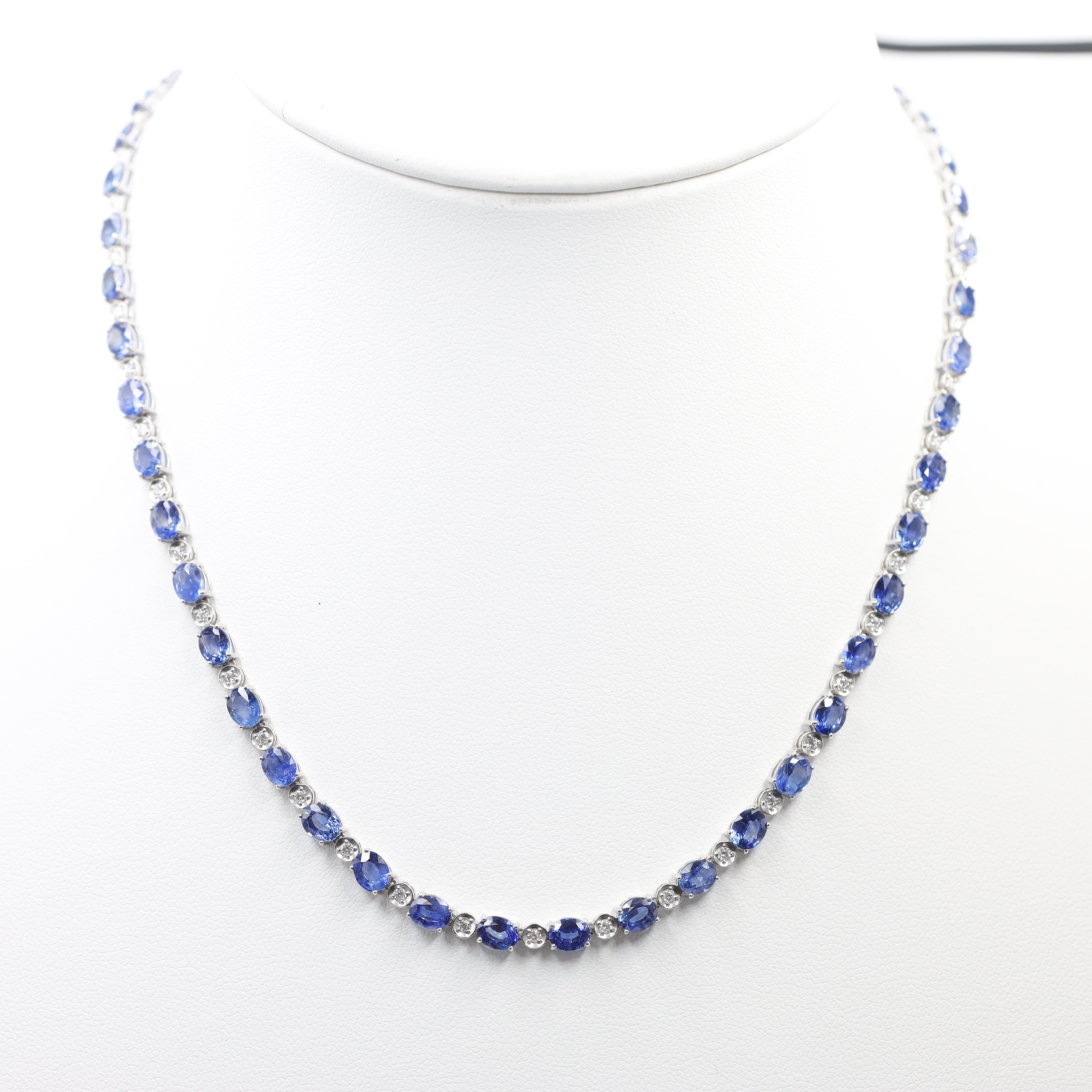 Exquisite Sri Lanka Blue Corn Flower Sapphire & Diamond Tennis Necklace | PT900 Platinum (21.74ct Sapphires)