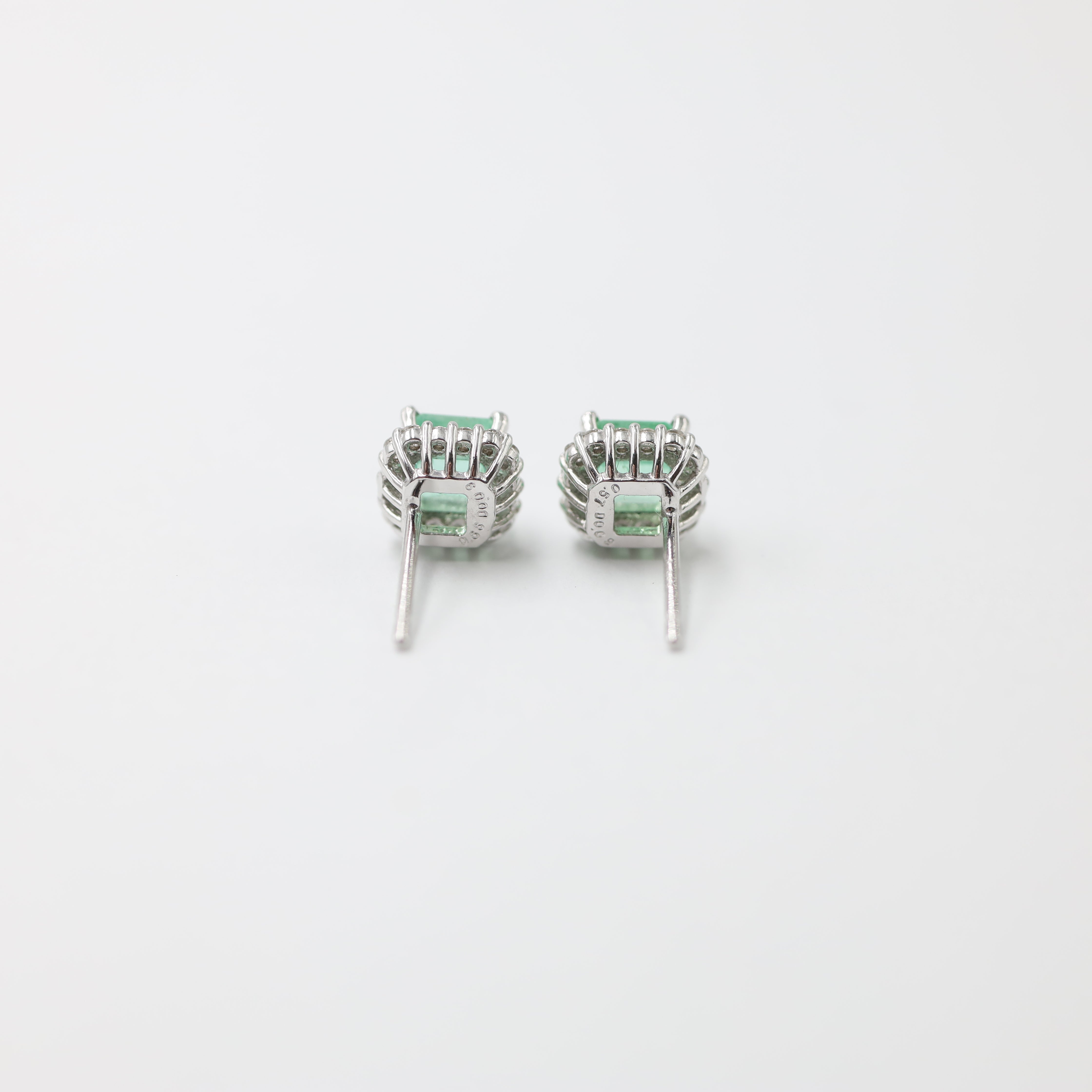 Colombian Emerald and Diamond Halo Stud Earrings in Platinum (1.22 ctw Emerald)